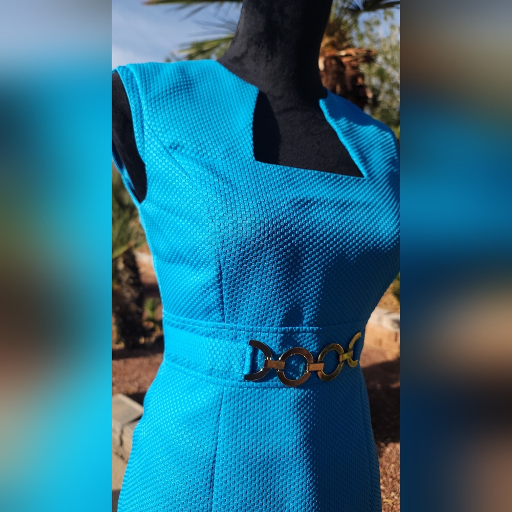 Tahari Aqua Textured Sheath Dress with Decorative Linked Belt - Picture 7 of 15